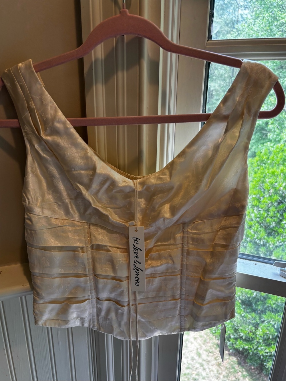 For Love & Lemons Champagne Satin Pleated Crop Top